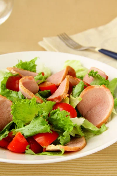 Salat mit Tomate und Salami auf Teller — Stockfoto