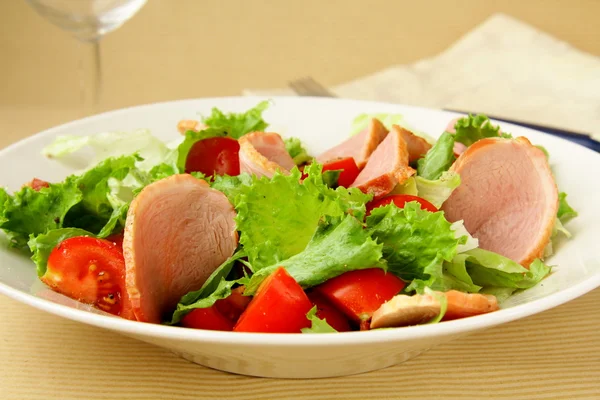 Sallad med tomat och salami på tallrik — Stockfoto