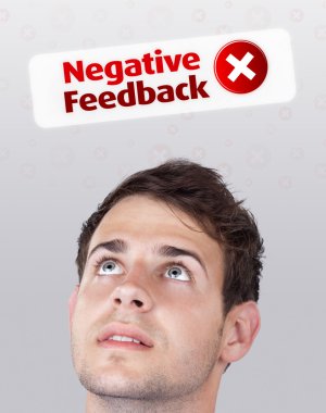 Young head looking at positive negative signs clipart