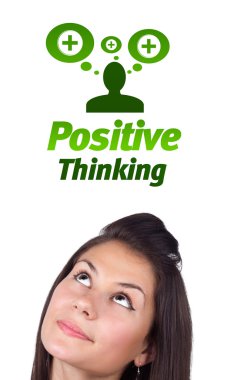 Young girl looking at positive negative signs clipart