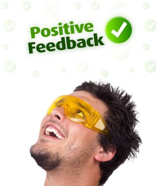 Young head looking at positive negative signs clipart