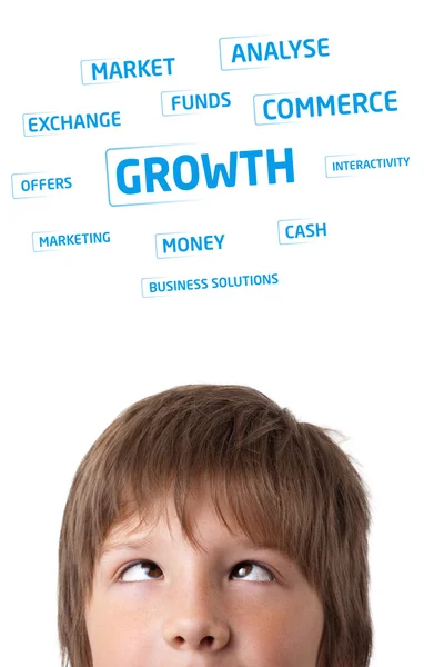 Jovens cabeça olhando para ícones de negócios e imagens — Fotografia de Stock