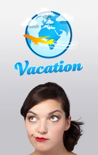 Young girl looking at vacation type of sign — Stock Photo, Image