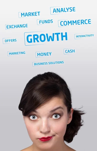 Junge Mädchen Kopf Blick auf Business-Ikonen und Bilder — Stockfoto