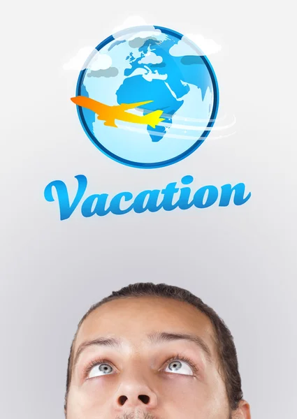 Junger Kopf schaut auf Urlaubsschilder — Stockfoto