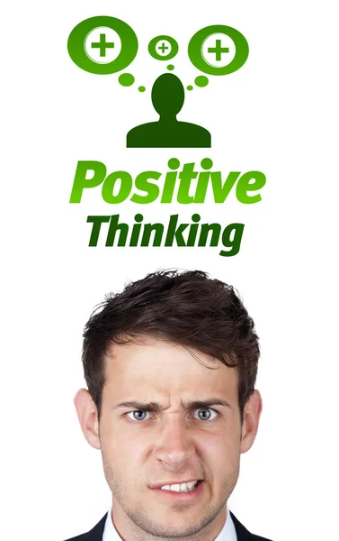 Giovane testa guardando i segni negativi positivi — Foto Stock