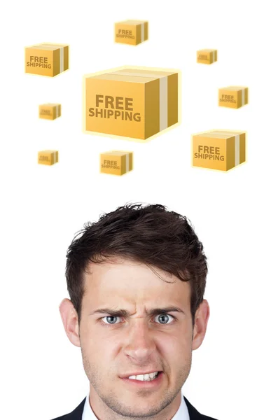 Young head looking at shipping and order signs — Stock Photo, Image
