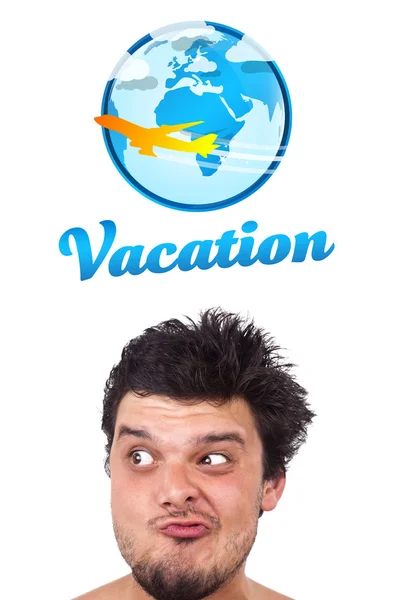 Young head looking at vacation type of sign — Stock Photo, Image