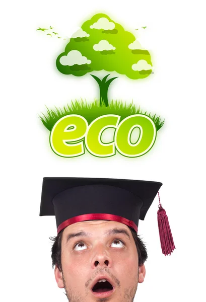 Jeune tête regardant signe vert eco — Photo