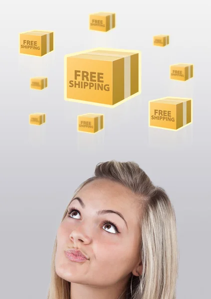 Young head looking at shipping and order signs — Stock Photo, Image