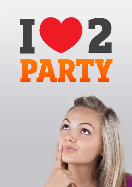 Young girl looking at party signs — Stock Photo, Image
