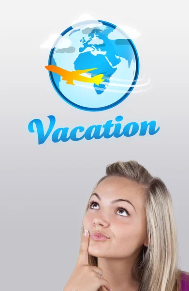 Young girl looking at vacation type of sign — Stock Photo, Image
