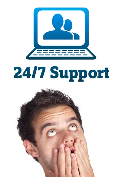 Young head looking at support contact type of icons and signs — Stock Photo, Image