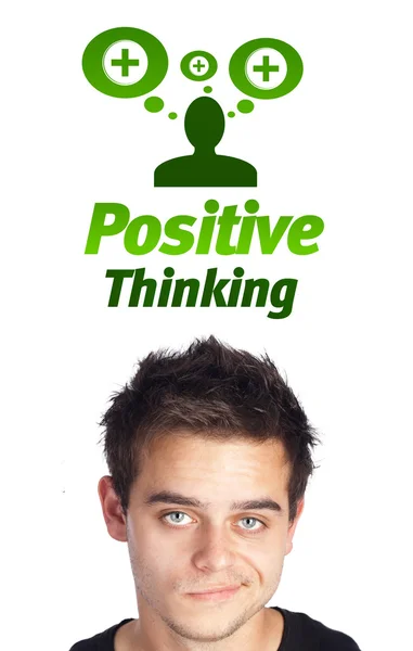 Cabeça jovem olhando para sinais negativos positivos — Fotografia de Stock
