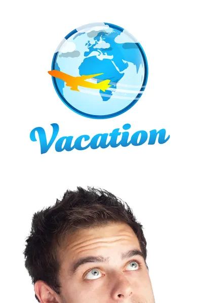 Young head looking at vacation type of sign — Stock Photo, Image