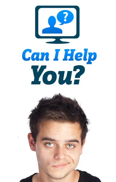 Young head looking at support contact type of icons and signs — Stock Photo, Image