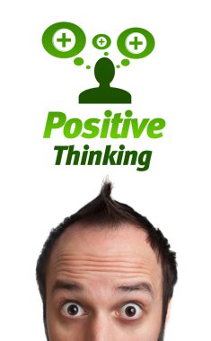 Young head looking at positive negative signs clipart