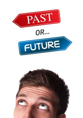 Young head looking at positive negative signs clipart