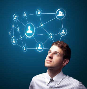 Modern sosyal türü simgeleri basarak işadamı