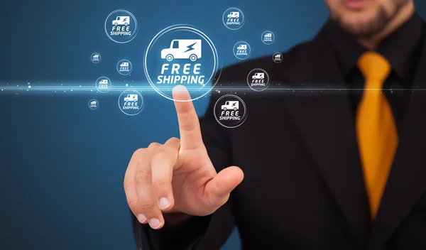 Businessman pressing virtual promotion and shipping type of icon — Stock Photo, Image