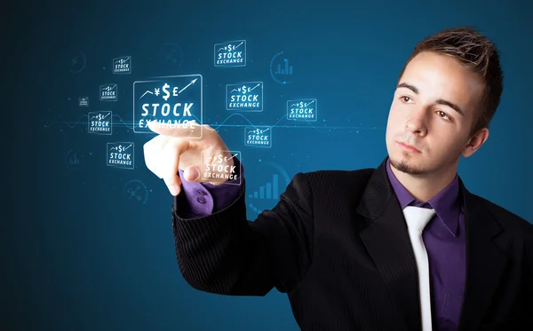 Businessman pressing modern business type of buttons — Stock Photo, Image