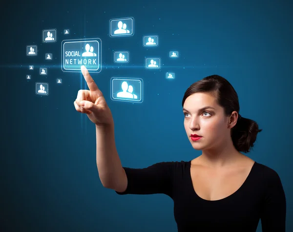 Businesswoman pressing modern social type of icons — Stock Photo, Image