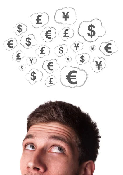Young persons head looking at business icons and images — Stock Photo, Image
