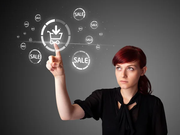 Businesswoman pressing virtual promotion and shipping type of ic — Stock Photo, Image