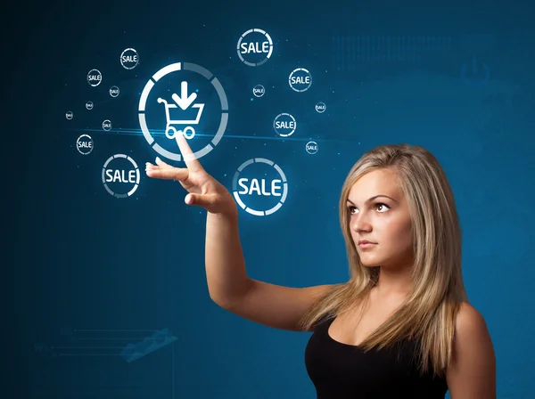 Businesswoman pressing virtual promotion and shipping type of ic — Stock Photo, Image