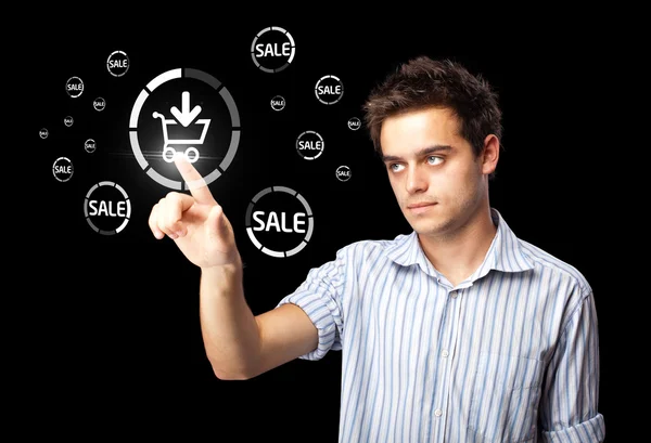 Businessman pressing virtual promotion and shipping type of icon — Stock Photo, Image