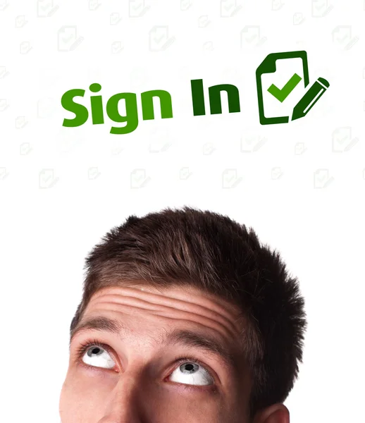 Young head looking at internet type of icons — Stock Photo, Image