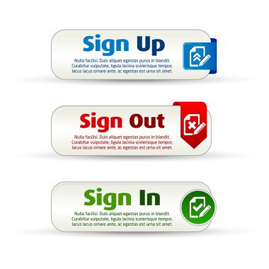 Sign up, out and in colorful banner buttons clipart