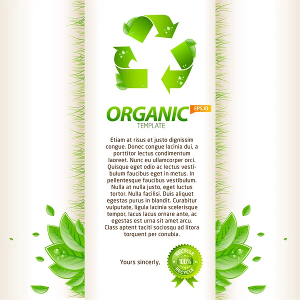 Plantilla de origami verde con letrero de reciclaje y hojas — Vector de stock
