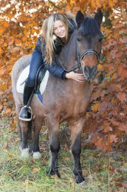 Young girl on horseback stroking a horse clipart