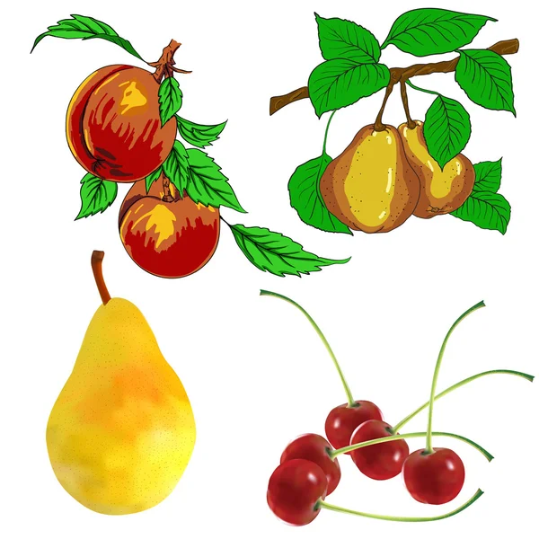 Set van peer vruchten cherry en perzik — Stockfoto