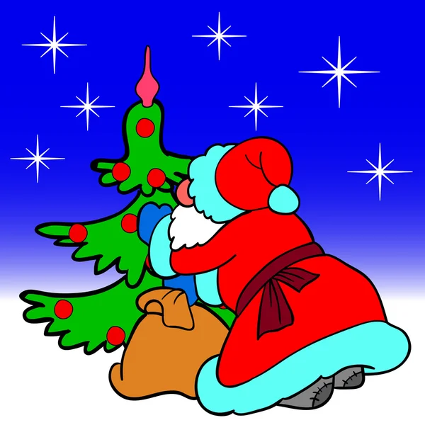 Papai Noel soprando vestir uma árvore de Natal bolas — Fotografia de Stock