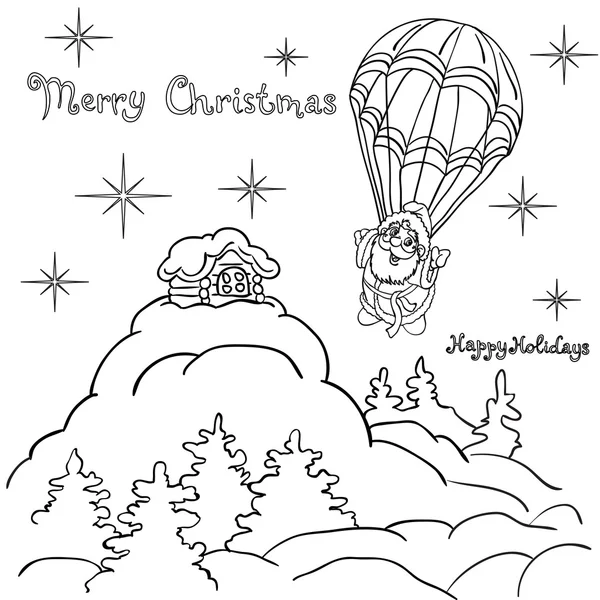 Cheerful Santa Claus goes down from the sky on a parachute. — Stock Photo, Image