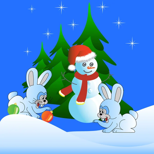 Zwei weiße Hasen und der Schneemann — Stockfoto