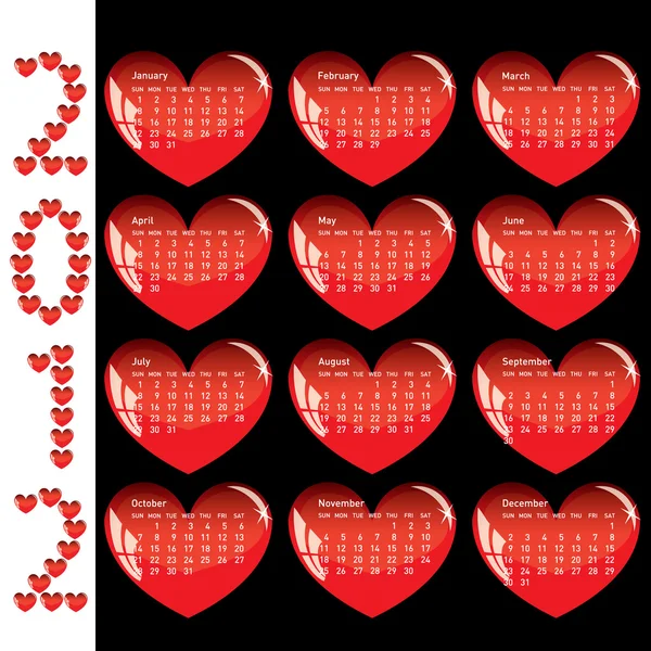 Stijlvolle kalender met rode harten voor 2012. — Stockfoto