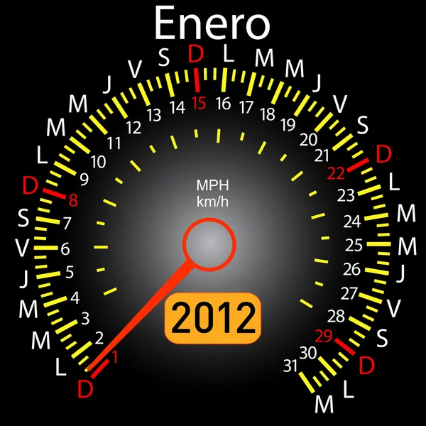 2012 jaar kalender snelheidsmeter auto in het Spaans. januari — Stockfoto