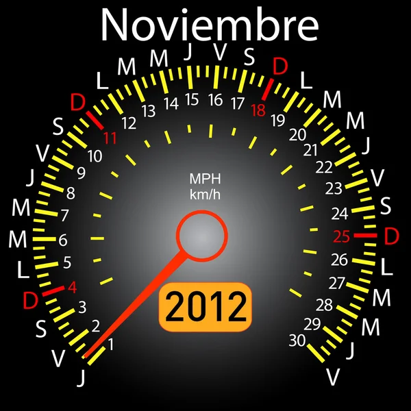 2012 jaar kalender snelheidsmeter auto in het Spaans. november — Stockfoto