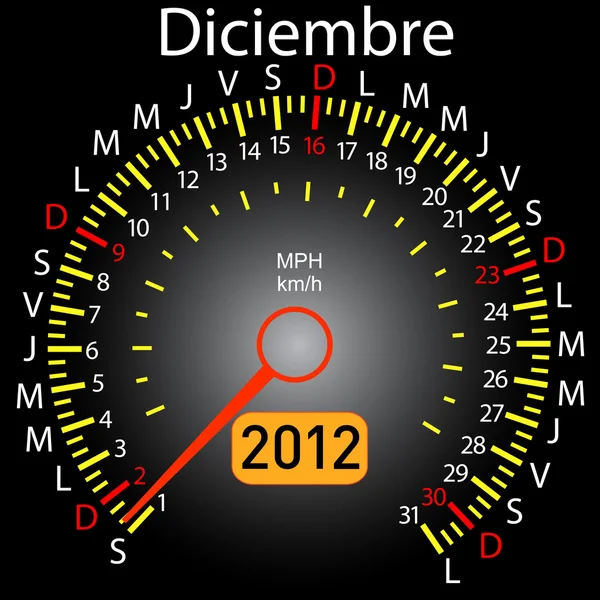 2012 jaar kalender snelheidsmeter auto in het Spaans. december — Stockfoto