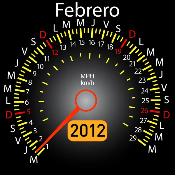 2012 ano calendário velocímetro carro em espanhol. Fevereiro — Fotografia de Stock