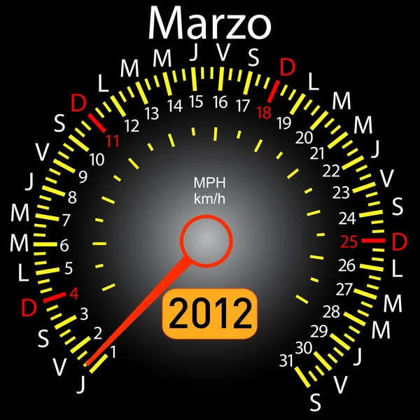 2012 anno calendario tachimetro auto in spagnolo. Marzo. — Foto Stock