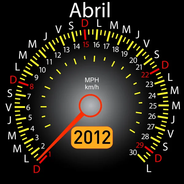2012 jaar kalender snelheidsmeter auto in het Spaans. april — Stockfoto