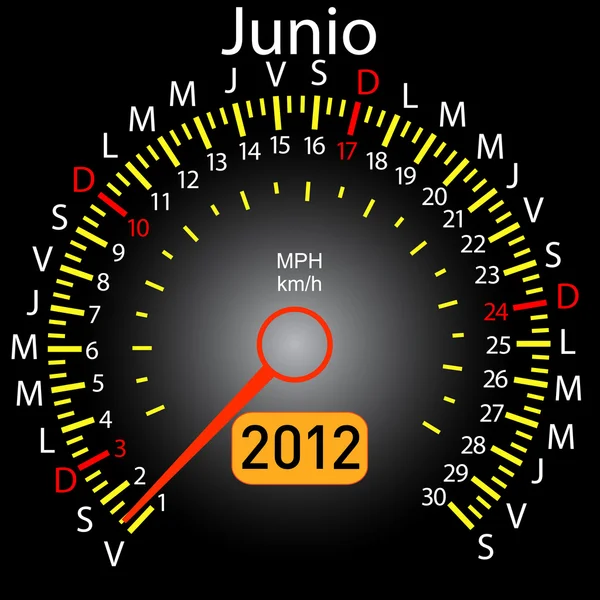 2012 anno calendario tachimetro auto in spagnolo. Giugno. — Foto Stock
