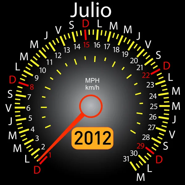 2012 año calendario velocímetro coche en español. Julio — Foto de Stock