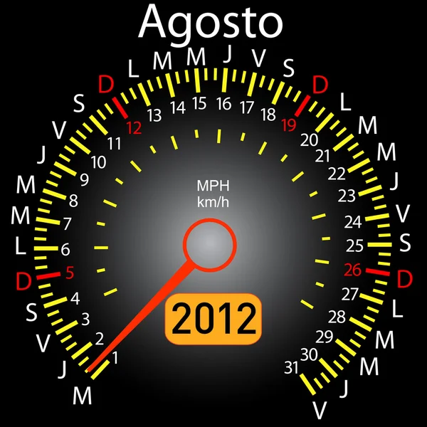 2012 jaar kalender snelheidsmeter auto in het Spaans. augustus — Stockfoto