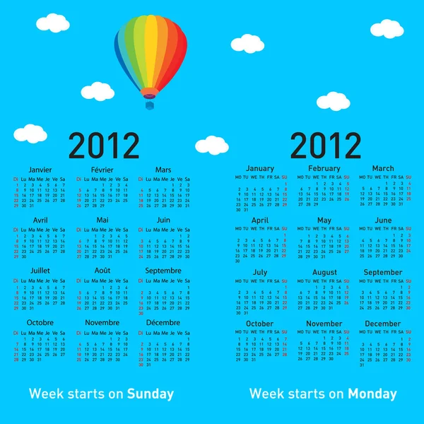 Stylish French calendar with balloon and clouds for 2012. — Stock Photo, Image