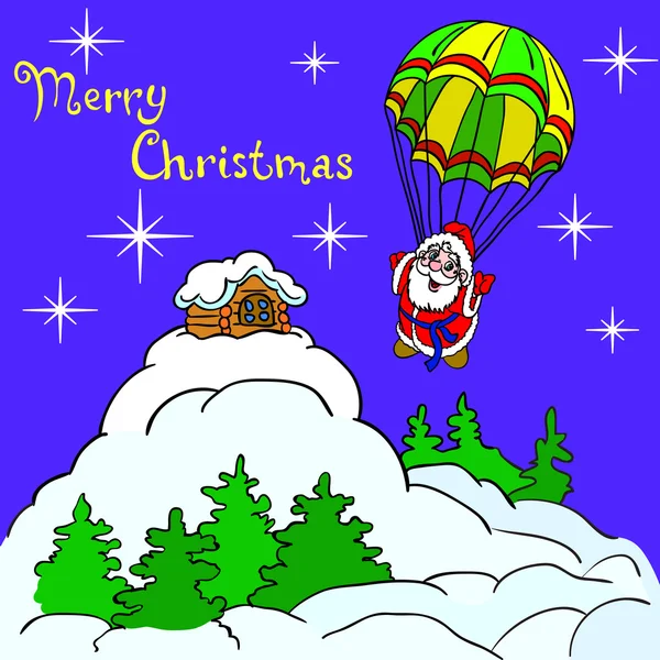 Allegro Babbo Natale scende dal cielo su un paracadute . — Foto Stock